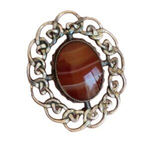 Vintage Sterling Silver Brown Red Agate Cabin Cottage Core Scottish Pin Brooch